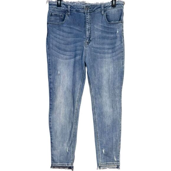 Risen High Rise Frayed Waist Vintage Wash Skinny Jeans Size 1XL - Picture 6 of 16